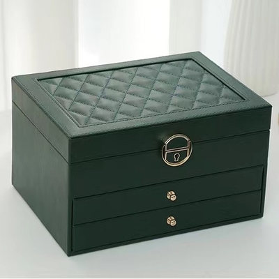 Cajas verdes de lujo de la joyería del cuadrado de la PU con dos cajones para el regalo del sistema de la joyería