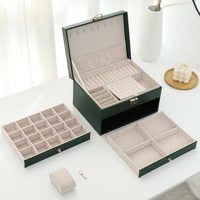 Cajas verdes de lujo de la joyería del cuadrado de la PU con dos cajones para el regalo del sistema de la joyería