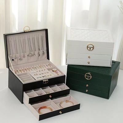Cajas verdes de lujo de la joyería del cuadrado de la PU con dos cajones para el regalo del sistema de la joyería