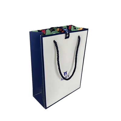Bolso de papel modificado para requisitos particulares del regalo de Logo White Blue Jewellery Handbags para las compras
