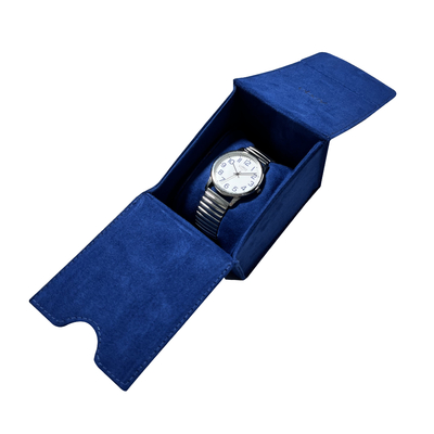 Exhibición de lujo del reloj del ante azul especial
