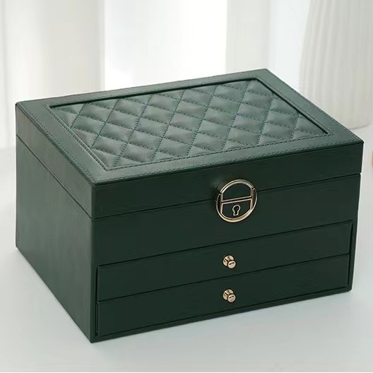 Cajas verdes de lujo de la joyería del cuadrado de la PU con dos cajones para el regalo del sistema de la joyería